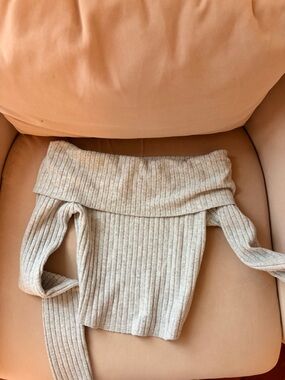 Bershka Ribbed Off-Shoulder Sweater in Light Beige